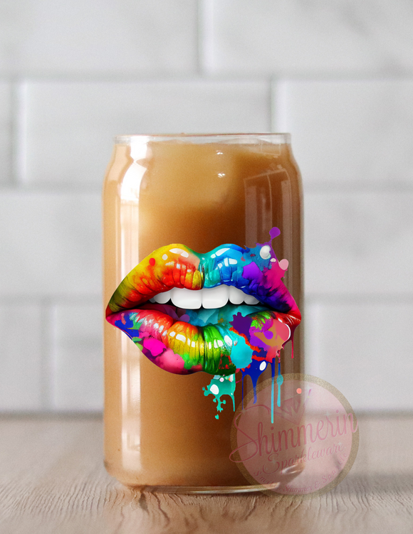 Dripping Rainbow Lips Shimmerin' Glass Can Tumbler