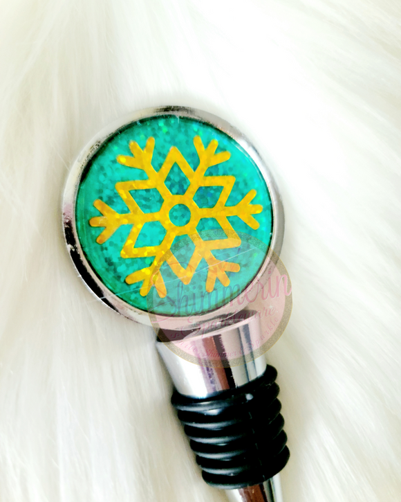 Green & Gold Snowflake Sparkle Metal Wine Bottle Stopper